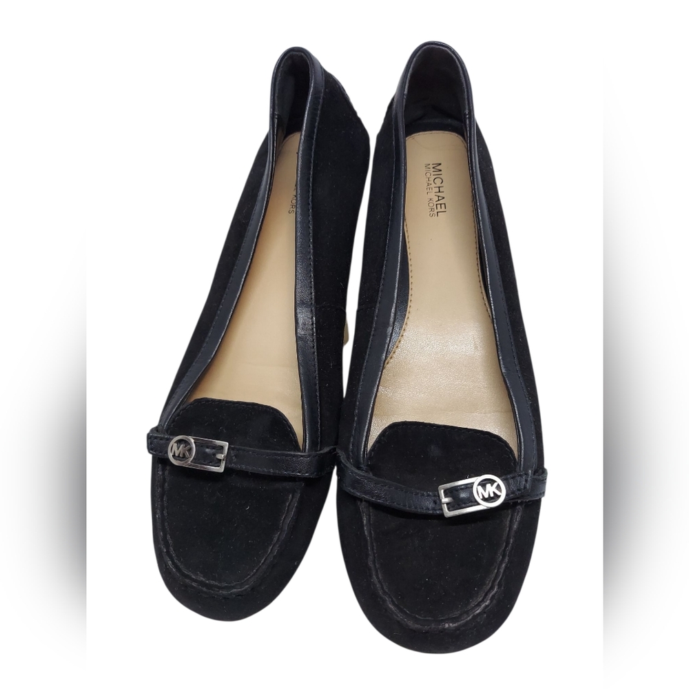 Michael Kors Black Suede Loafers with Silver Buckle